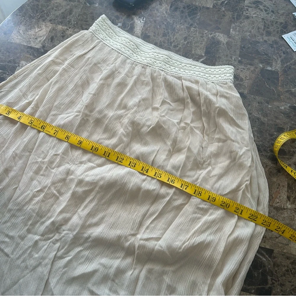 Vintage Active Boho Crinkled Maxi Skirt Crochet Knit Waistband Beige Tan Large - Picture 10 of 10